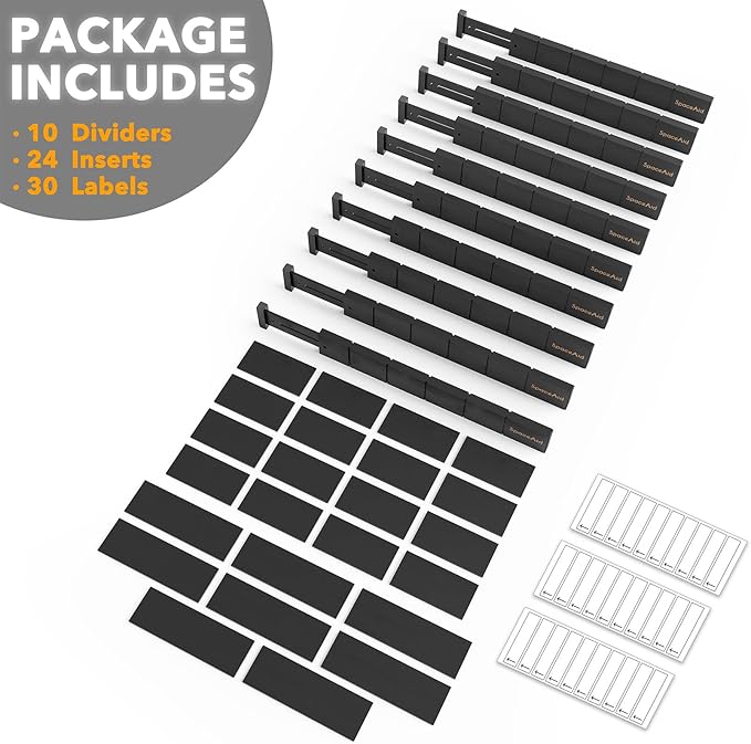 SpaceAid Bamboo Drawer Dividers with Inserts and Labels, Kitchen Adjustable Drawer Organizers, Expandable Organization for Home, Office, Dressers, 10 Dividers with 24 Inserts (17"-22" Black)-DeskLoop Office