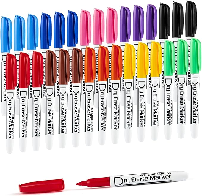 Volcanics Dry Erase Markers Low Odor Fine Whiteboard Markers Thin Box of 30, 10 Colors-DeskLoop Office