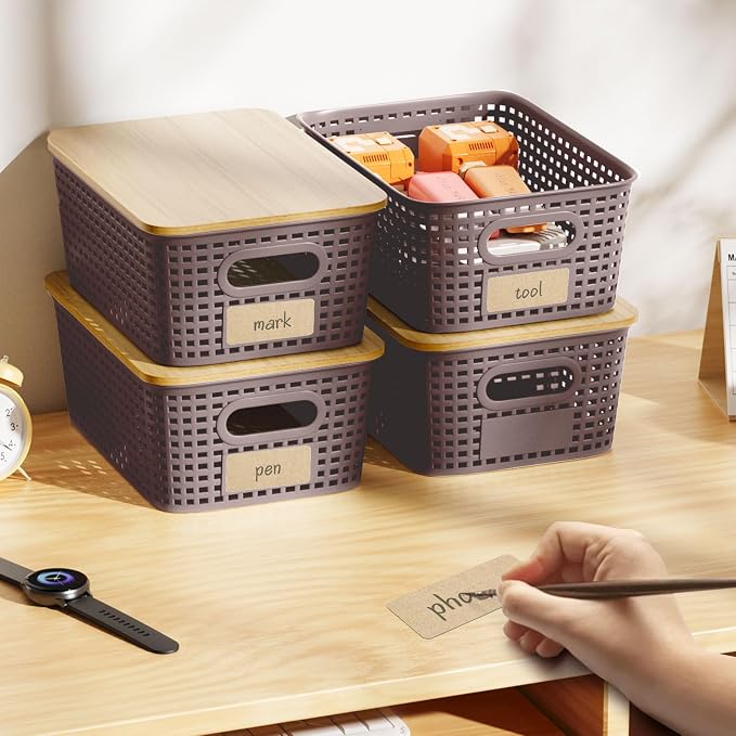 6Pcs Storage Bins with Lids, Stackable Plastic Storage Basket with Bamboo Lid - Image 8