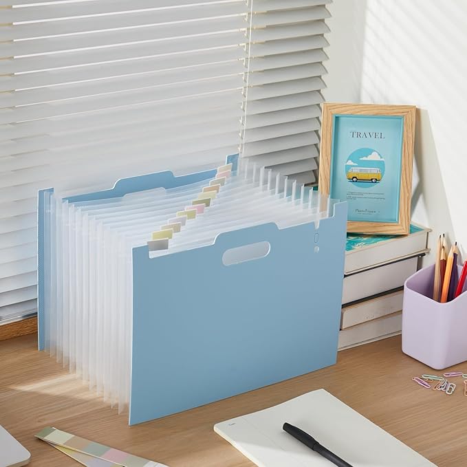 2-Piece Accordion Folder Manager, 12 Grid Expansion Pages, Portable Monthly Bill and Receipt Manager That Opens Upright, Colored Labels, School, Home, and Office letterhead/A4 Size, Sky Blue-DeskLoop Office