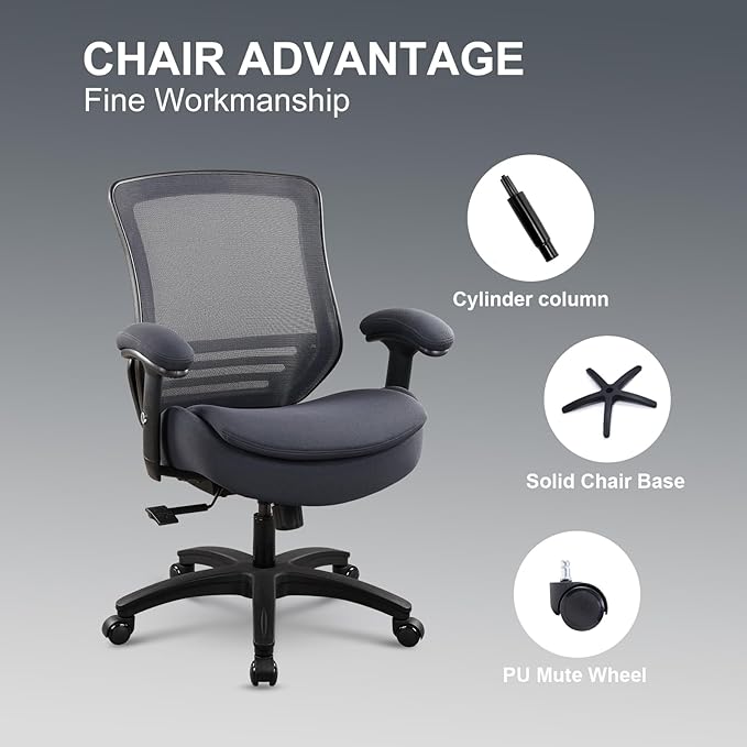 400lbs Ergonomic Office Chair with Double Seat Cushion and Soft Armrests for Executive Computer Desk with Built-in Lumbar Support(Gray)-DeskLoop Office