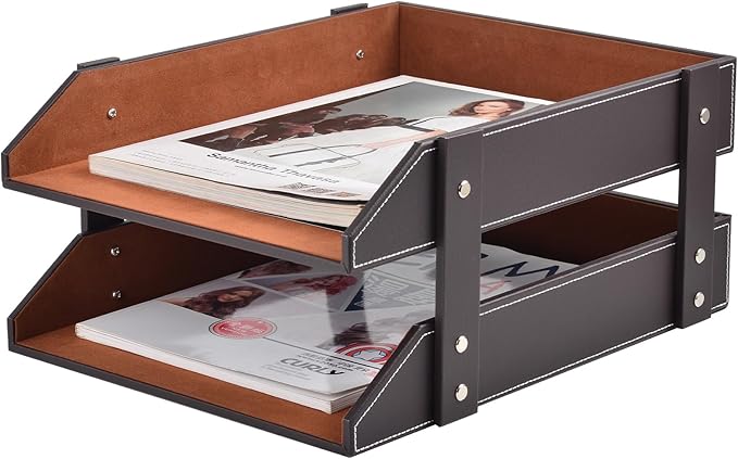 Leather Desk Organizer,2-Tier Stackable Letter Tray Holder,Office Supplies Desktop Storage Box for Document,Stationery,Magazines,Newspapers,Letters and Other Home Office Paper Sundries,Coffee-DeskLoop Office