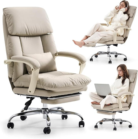 EMIAH Office Chair with Foot Rest, Ergonomic Executive Office Chair with Arms, Reclining High Back PU Leather Comfy Swivel Computer Desk Chairs with Wheels and Lumbar Support for Home Office, Beige-DeskLoop Office