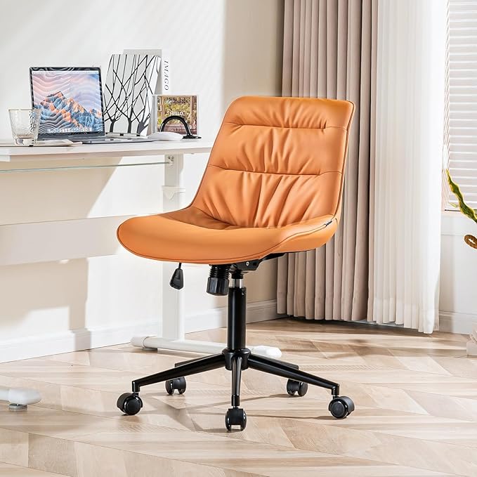 Kidol & Shellder Faux Leather Office Chair, Adjustable Swivel Height Task Chair, Rolling Wheels & Soft Backrest - Armless Ergonomic Desk Chair for Home, Office,Vanity,Gaming(Orange)-DeskLoop Office