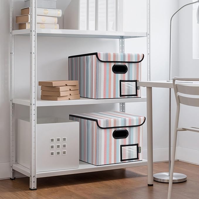 BALEINE File Organizer Box with Lid, Collapsible File Folder Organizer with Plastic Slide, Hanging File Folder Box for Office Document Storage (1 Pack, Color Stripe)-DeskLoop Office