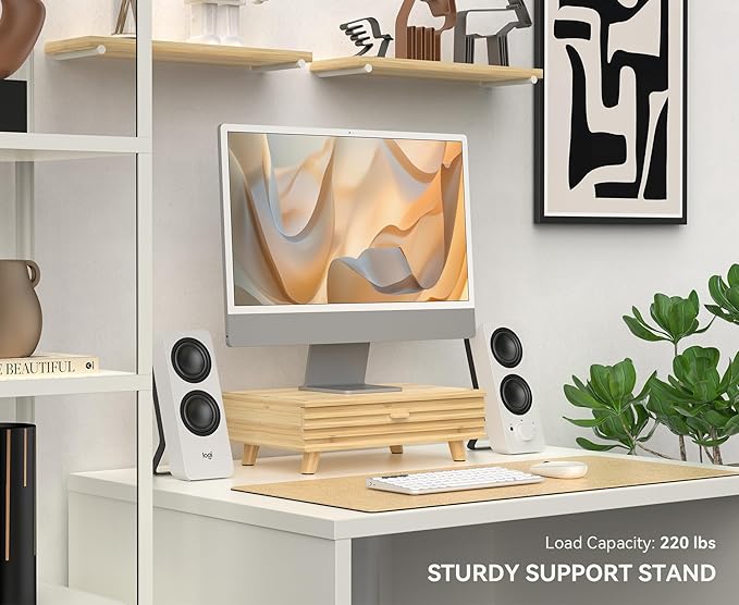 Bamboo Monitor Stand with Drawer - Desk Organizer with Cable Management & Storage, Ergonomic Laptop Riser for Home Office (220lbs Capacity, 15.7 inch ,Natural)-DeskLoop Office