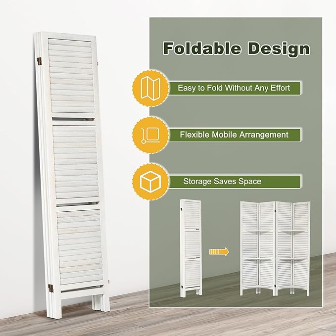 NicBex 4 Panel Room Divider,5.6FT Wood Carved Room Dividers with Display Shelves Folding Privacy Screens Portable Freestanding Partition Wall Dividers for Room Separation,Home Bedroom Office,White-DeskLoop Office