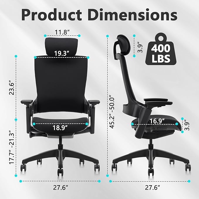 CLATINA Ergonomic High Swivel Executive Chair with Adjustable Height Head 3D Arm Rest Lumbar Support and Upholstered Back for Home Office Studio, Black Fabric, 2 Pack-DeskLoop Office