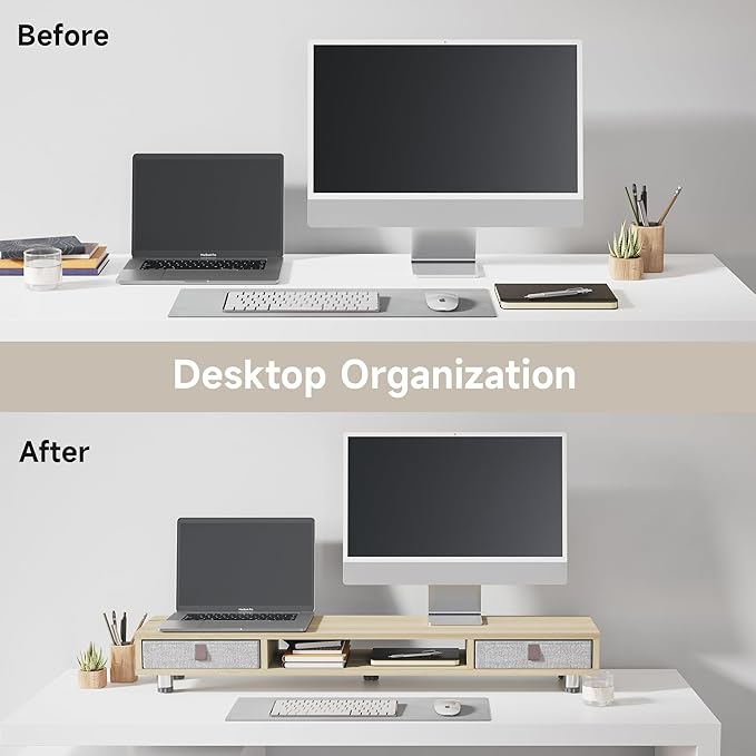 Fenge Monitor Stand, Dual Monitor Stand with 2 Drawers, Monitor Riser for 2 Monitors, Adjustable Height Computer Stand, Office Monitor Stands for Desk, Laptop, PC, TV, Printer-DeskLoop Office