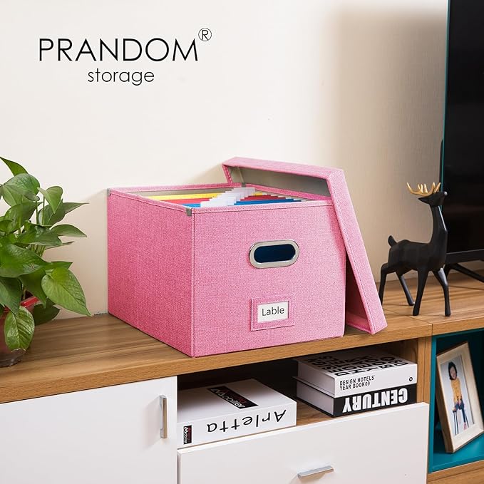 PRANDOM File Organizer Box - Set of 4 Collapsible Decorative Linen Filing Storage Hanging File Folders with Lids Office Cabinet Letter/Legal Size Pink 17.1x14x11.1 inch-DeskLoop Office
