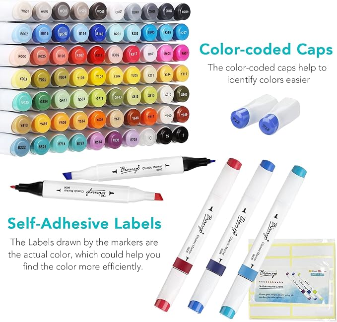 Bianyo 72 Colors Alcohol Markers Set, Dual Tip Art Markers with Bullet & Chisel Tips, Black Case with Customizable Card – Ideal for Coloring, Drawing, and Sketching as Thanksgiving & Christmas Gifts-DeskLoop Office