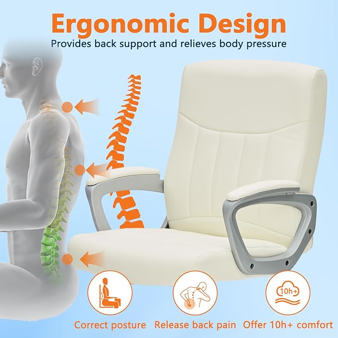 CLATINA Office Computer Desk Chair Executive Mid Back Chair Comfortable Ergonomic Managerial Chair Adjustable PU Leather Home Office Desk Chair Swivel, White 1PK-DeskLoop Office