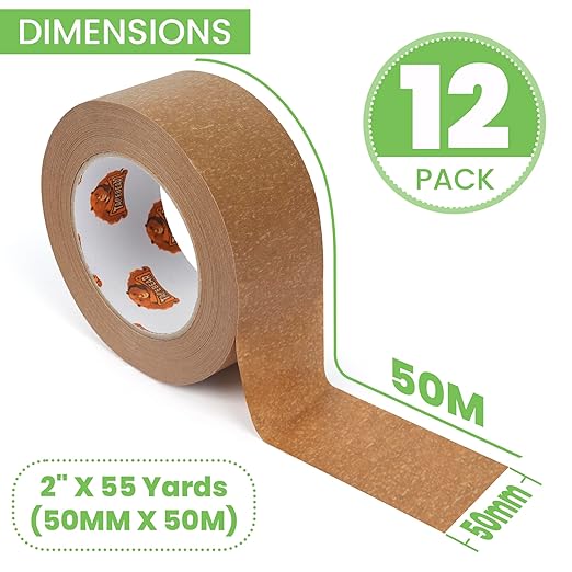 Eco-Friendly Kraft Paper Tape, Biodegradable Heavy Duty Packing Tape 2Inch x 55Yard, Recyclable Packaging Tape Self Adhesive Box Tape for Shipping, Sealing, Moving & Masking, 12Rolls-DeskLoop Office