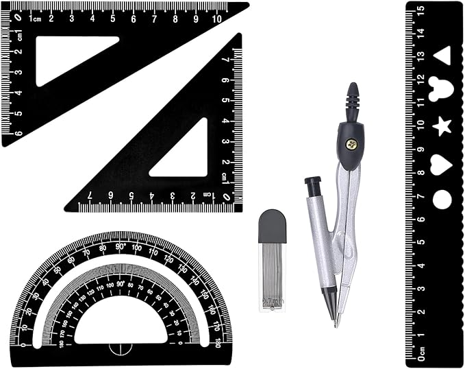 6 Pcs Metal Geometry Set, Math Geometry Kit, Metal Ruler Set and Compass Geometry Tool, Rulers Protractor and Compass Set for Student School and Drawings Supplies (Black)-DeskLoop Office
