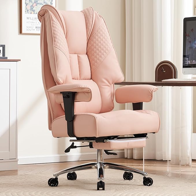 Big and Tall Office Chair 400lbs Wide Seat, Leather High Back Executive Office Chair with Foot Rest, Ergonomic Chairs Lumbar Support for Lower Back Pain Relief (Light Pink)-DeskLoop Office