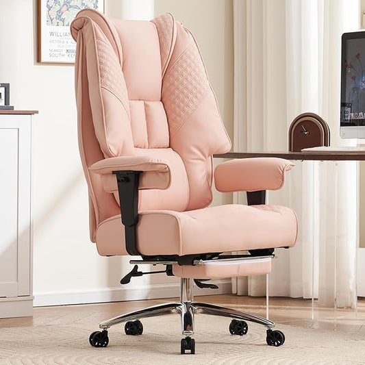 Big and Tall Office Chair 400lbs Wide Seat, Leather High Back Executive Office Chair with Foot Rest, Ergonomic Chairs Lumbar Support for Lower Back Pain Relief (Light Pink)-DeskLoop Office