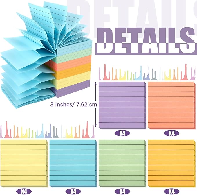 24 Pack Pop Up Sticky Notes 3 x 3 Refills 1200 Sheets Colored Sticky Notes Self Adhesive Memo Pads for Home Office Supplies(Light Colors, Line)-DeskLoop Office