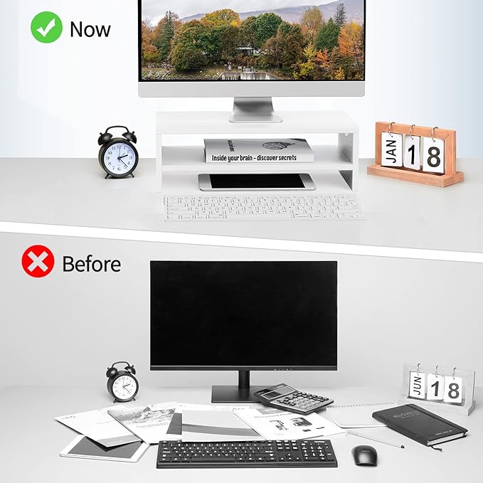 Zimilar Monitor Stand Riser, 2 Tiers Laptop Computer Monitor Riser for PC Screen, iMac, Desktop Wooden Screen Monitor Stand Riser with Storage Organizer for Home Office-DeskLoop Office