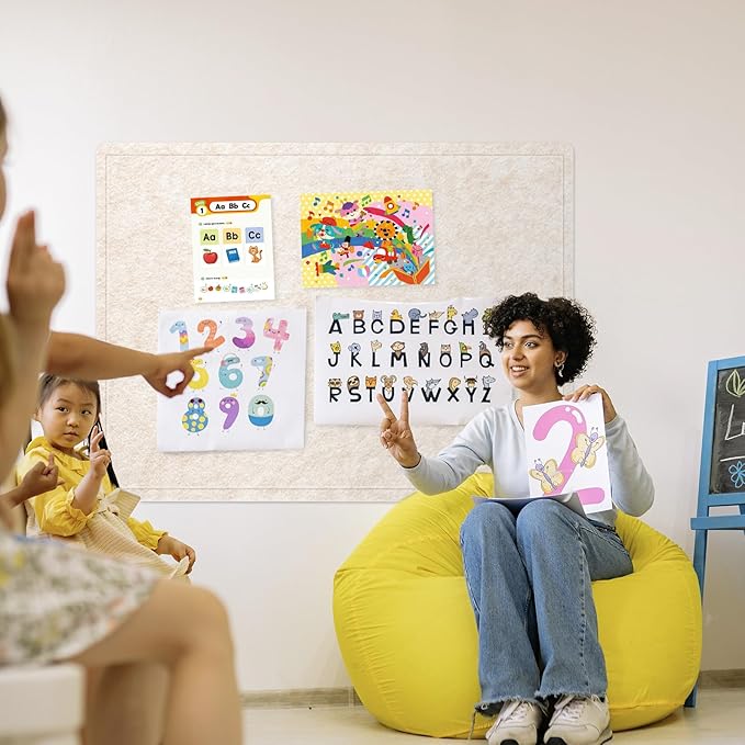 Large Bulletin Board - 48 x 36 Inches, Decorative Felt Pin Board for Wall - 4' x 3' Foldable Photo Display Board with Self-Adhesive Tape, Includes 20 Push Pins - Oatmeal-DeskLoop Office