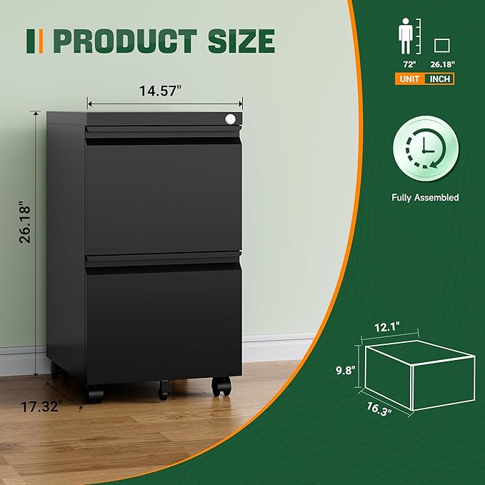 Letaya Mobile File Cabinet with Lock,2 Drawer Under Desk Metal Rolling Filing Cabinets for Home Office Organizer Letters/Legal/A4(Fully Assembled-Black)-DeskLoop Office