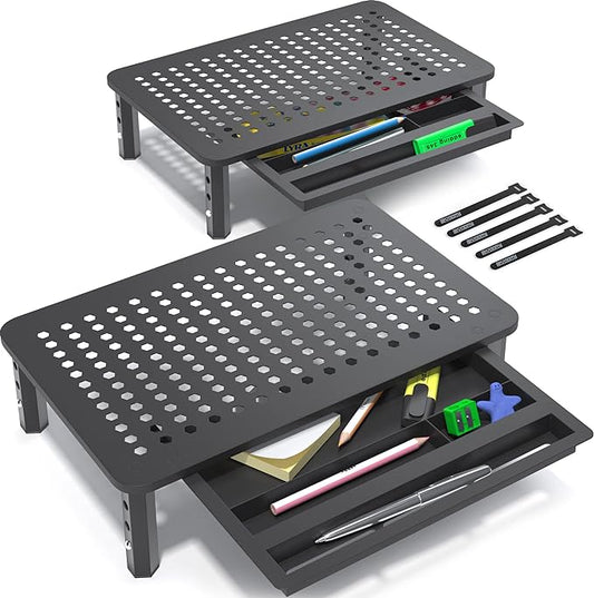 EVOOMI Back Saver Monitor Stand for Desk - 2 Pack Monitor Riser with Drawer - Gain 5 Weeks a Year, Less Pain & Peak Productivity with Anti Skid Mesh Metal Computer Stand for Laptop, Printer & iMac-DeskLoop Office