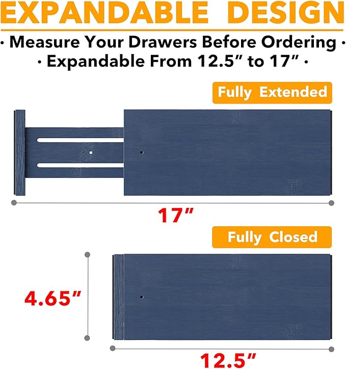 SpaceAid Bamboo Dresser Drawer Dividers 6 Pack, 4.65“ High Adjustable 12.5“-17” Drawer Organizers, Expandable Organization for Clothing, Clothes, Dressers, Navy Blue-DeskLoop Office