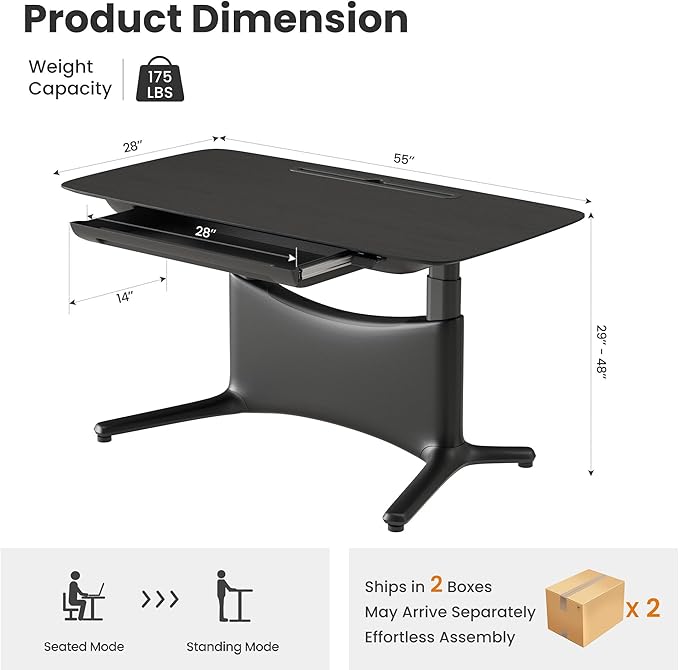 COLAMY Electric Adjustable Standing Desk – 48 x 28 Inch Sit Stand Desk with Drawer & Cable Management, Dual Motor Lift System, Ergonomic Footrest, Home Office Table (Veneer Desktop, Black Oak + Black)-DeskLoop Office