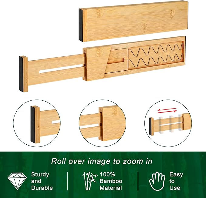FJO 4 Pack Adjustable Bamboo Drawer Dividers - 12.5" - 21.7" Expandable Drawer Separators for Kitchen, Utensils, Clothes, Bedroom, Dresser, Bathroom (Beige)-DeskLoop Office