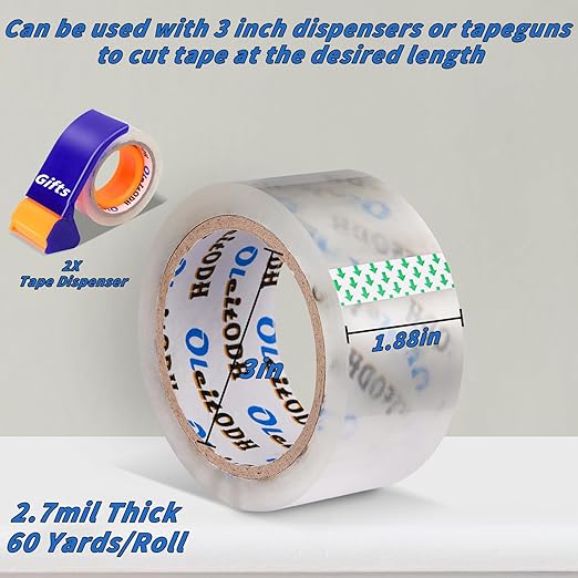 36 Rolls Clear Packaging Tape with Dispenser, 1.88" X 60 yd Shipping Tape Bulk, Total 2160 Yards, 2.7 mil, 3" Core, Heavy Duty Packing Tape Refills for Moving Boxes, Package, Mailing-DeskLoop Office