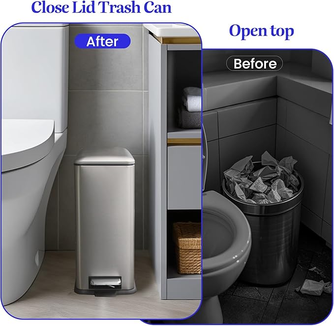 Bathroom Trash Can with Lid,5 Liter / 1.3 Gallon Small Trash Can with Removable Liner, Soft Close lid & Step Pedal, Stainless Steel Trash Bin for Bathroom,Bedroom,Home Office, Kohler Grey-DeskLoop Office