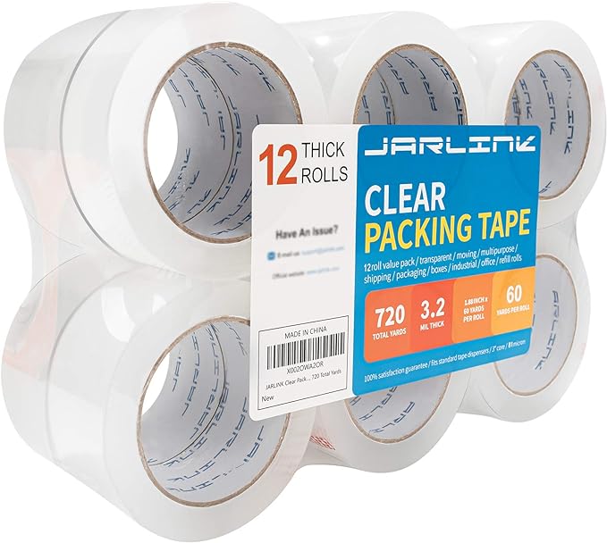 JARLINK Clear Packing Tape (12 Rolls), Heavy Duty Packaging Tape for Shipping Packaging Moving Sealing, 3.2mil Thick, 1.88 inches Wide, 60 Yards Per Roll, 720 Total Yards-DeskLoop Office