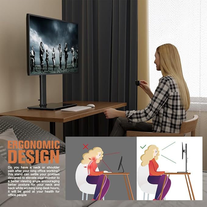 Single Monitor Stand Freestanding 27-43 Inch Monitor Arm Curved Screen Monitor Mount Tempered Glass Base Adjustable Motion Tilt -15° to 10° Swivel ±45° Rotation 360° Weight Capacity 77lbs HT05B-003-DeskLoop Office