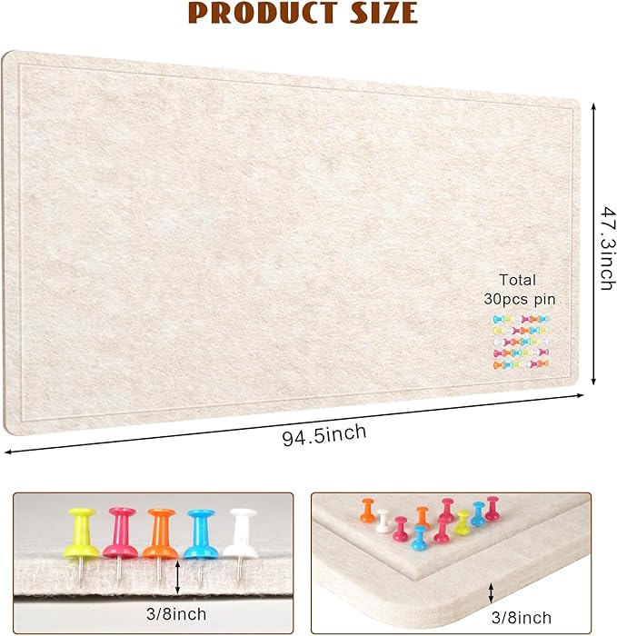 Extra Large Bulletin Board, 96 X 48 inches Cork Board with 30 Pushpin, 8' x 4' Felt Cork Board Notice Pin Board, Self-Adhesive Vision Board Mood Board Foldable Photo Board for Wall - Oatmeal-DeskLoop Office