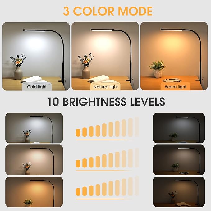 LED Desk lamp with Clamp, Eye-Caring Clip on Lights for Home Office, 3 Modes 10 Brightness, Long Flexible Gooseneck,Metal, Swing Arm Architect Task Table Lamps with USB Adapter, Black