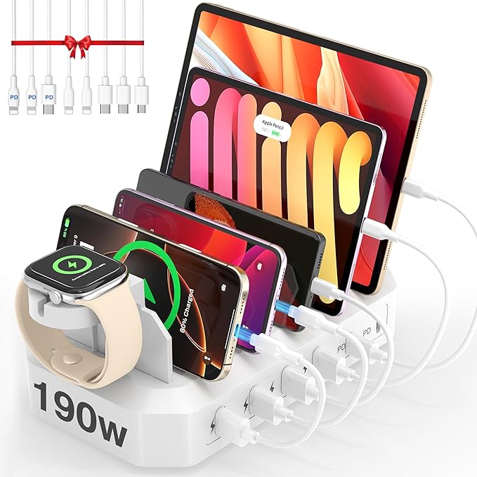 190W Fast Charging Station for Multiple DevicesใCertified Safer Chargingใ 6 Port USB Charger Station - Family Multi-Device Organizer Charging Dock Compatible with iPhone/Android/MacBook/iPad/Tablet-DeskLoop Office