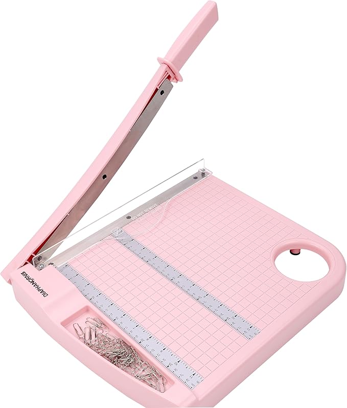 Paper Cutter Trimmer for Office&Crafts, Heavy Duty Guillotine Paper Trimmer with Portable Base Design/Safety Protection and Blade Lock, Paper Cutter 12 Sheets, Cardstock/Laminate (Pink)-DeskLoop Office