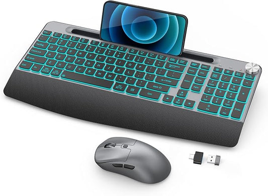 Backlit Keyboard and Mouse Combo, 7 Colors Wireless Keyboard Ergonomic with Wrist Rest and Volume Knob,Phone Holder,Rechargeable with Light Up Keyboard for Laptop, PC, Mac, Windows -Black-DeskLoop Office