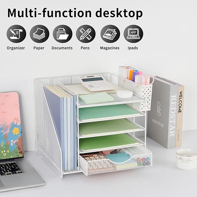 Desk Organizer with Drawer and Pen Holder, 5-Tier Paper Letter Tray Organizer with File Holder, Suitable for Workspace Organizer Office Supplies Storage (White)-DeskLoop Office