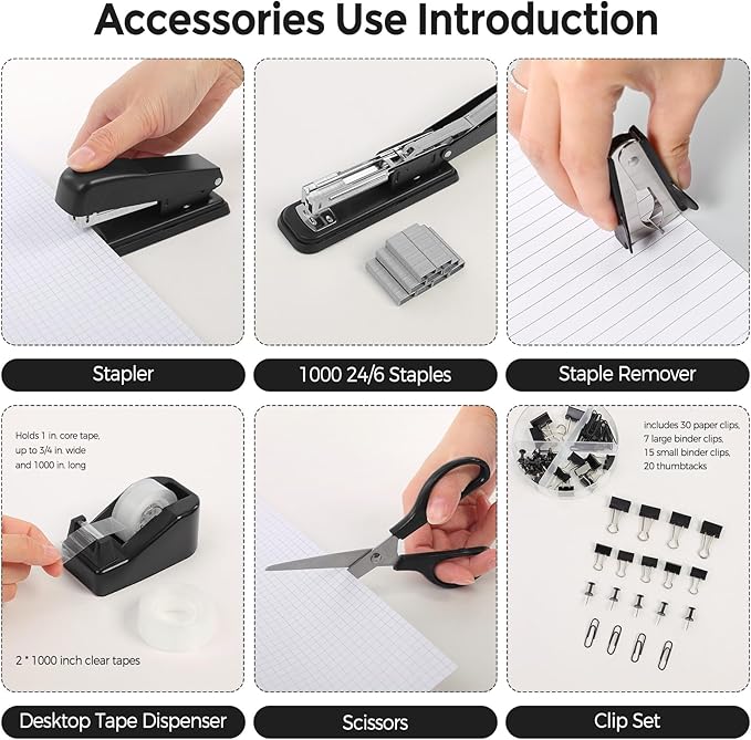SKYDUE Black Office Supplies Set, Black Desk Accessories, Stapler, Tape Dispenser, Scissors, Binder/Paper Clips and 1000pcs Staples, Desk Supplies Set-DeskLoop Office