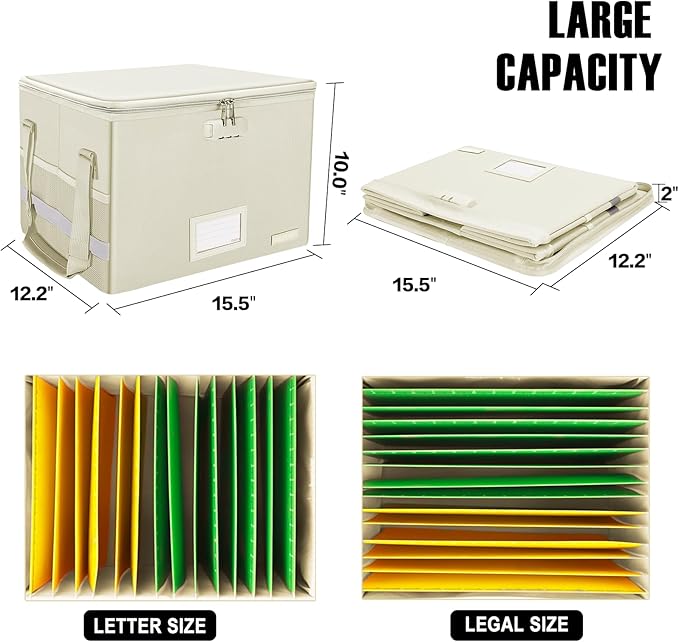 ENGPOW File Box with Lock, Fireproof Document Box with Zipper Lid, Collapsible File Storage Organizer Filing Cabinet with Handles, Portable Home Office Safe for Hanging Letter/Legal Folders, Beige-DeskLoop Office