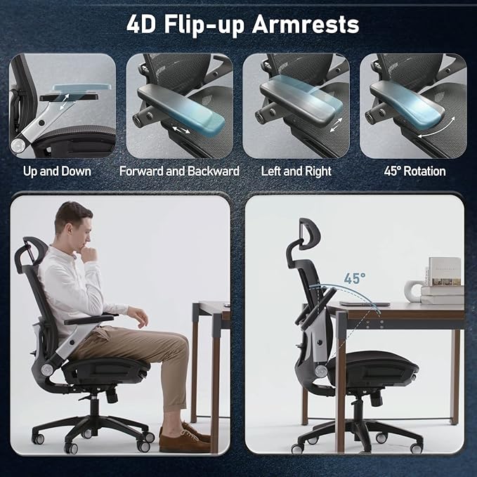 COLAMY Ergonomic Mesh Office Chair with Footrest, High Back Computer Executive Desk Chair with Headrest and 4D Flip-up Armrests, Adjustable Tilt Lock and Lumbar Support-Black-DeskLoop Office