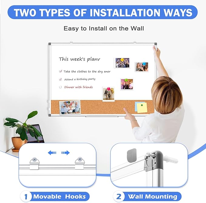 Whiteboard Cork Board Combo for Wall, WALGLASS 36" x 24" Double-Sided Large Dry Erase Whiteboard Corkboard Combination, Hanging Wall Mount Bulletin Board with Aluminum Frame for Office, Home, School-DeskLoop Office