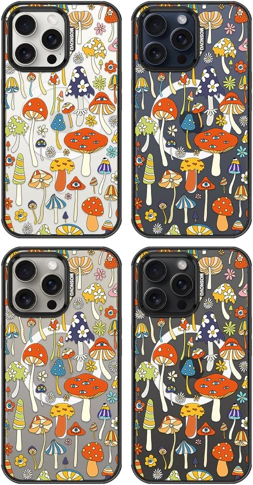 MOSNOVO Magnetic Case for iPhone 15 Pro Max, 10ft Military-Grade Protection, Compatible with Magsafe, Shockproof Phone Case for iPhone 15 Pro Max - Mushroom Art - Clear Black-DeskLoop Office