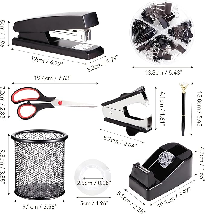 Black Desk Accessories, Office Supplies Set with Stapler, Tape Dispenser, Staple Remover, Pen Holder, Scissor, Binder/Paper Clips, Ballpoint Pen, Clear Tape and 1000pcs Staples-DeskLoop Office
