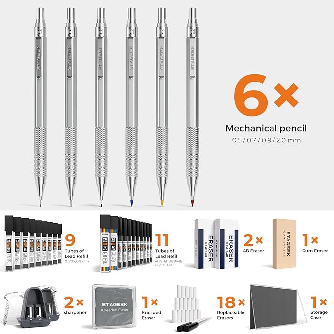 35Pcs Art Mechanical Pencil Set with Case, 0.5 0.7 0.9 2.0 Graphite Metal Drawing Drafting Pencils, Sharpener Erasers 384PCS Lead Refills (6B 4B 2B HB 2H 4H Colors)Pencils for Writing Sketching,Silver-DeskLoop Office