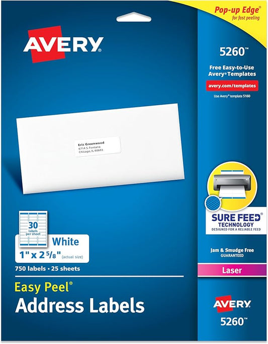Avery Easy Peel Printable Address Labels with Sure Feed, 1" x 2-5/8" Customizable Stickers, White, 750 Blank Mailing Labels, Great for Mailing, Shipping, and More (5260)-DeskLoop Office