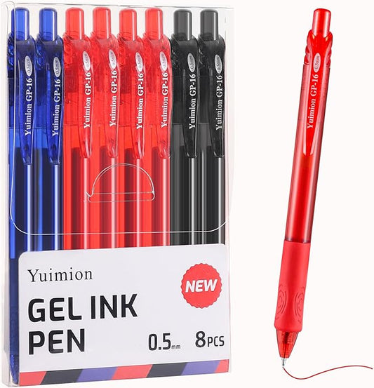 Gel Pens, 8 Pack Retractable Gel Ink Rollerball Pens Fine Point (0.5mm) for Smooth Writing, Black Red Blue Ink, for Women Men Journaling, School and Office Supplies-DeskLoop Office