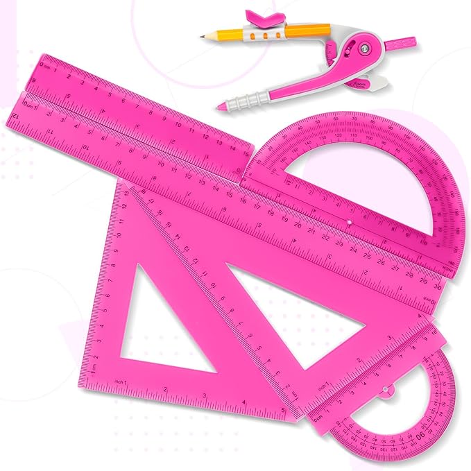 Zonon 1 Set Plastic Geometry Math Set 7 Pcs Includes 6'' / 4 '' Protractor, Drawing Compass, 45/60 Degree Triangle Rulers, 12'' / 6'' Math Ruler Transparent for Office Supplies(Pink)-DeskLoop Office