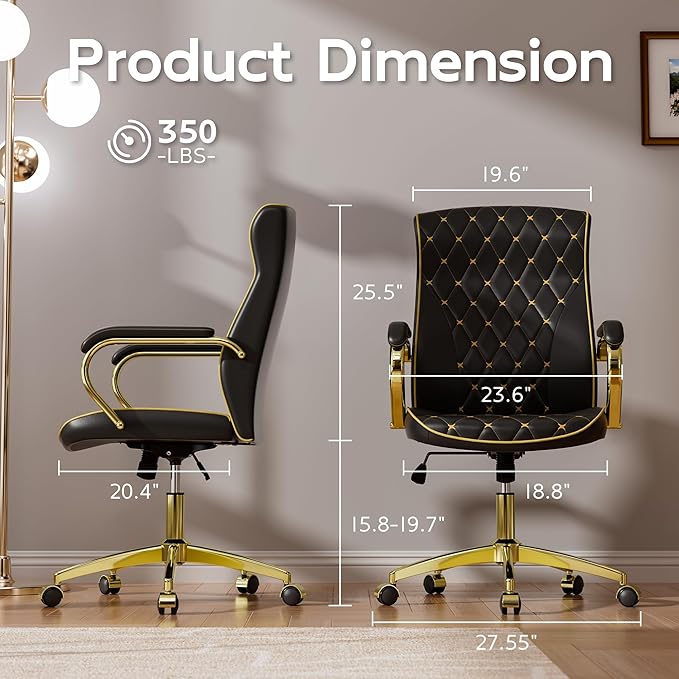 Black and Gold Office Chair with Soft Leather Embroidery, Mid Back Vintage Swivel Executive Desk Chair with Wheels and Padded Arms, Adjustable Height-DeskLoop Office