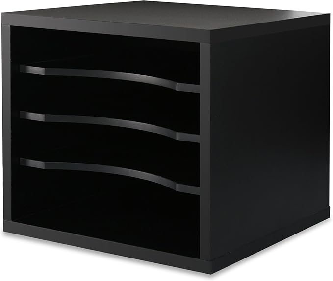 FITUEYES Wood Desk Paper Organizer with 4 Tiers Storage, Desktop File Holder, Document Letter Sorter Tray with Adjustable Shelves, Home Office Wooden Mail Rack, Black-DeskLoop Office